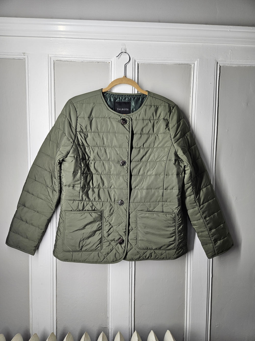 Talbots Olive Green Quilted Button-Front Puffer Jacket Sz L